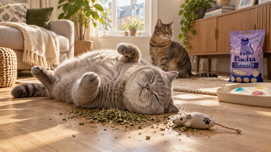 Cat rolling happily beside dried catnip while a second cat ignores it, illustrating catnip vs silver vine reactions – Pacha Litter