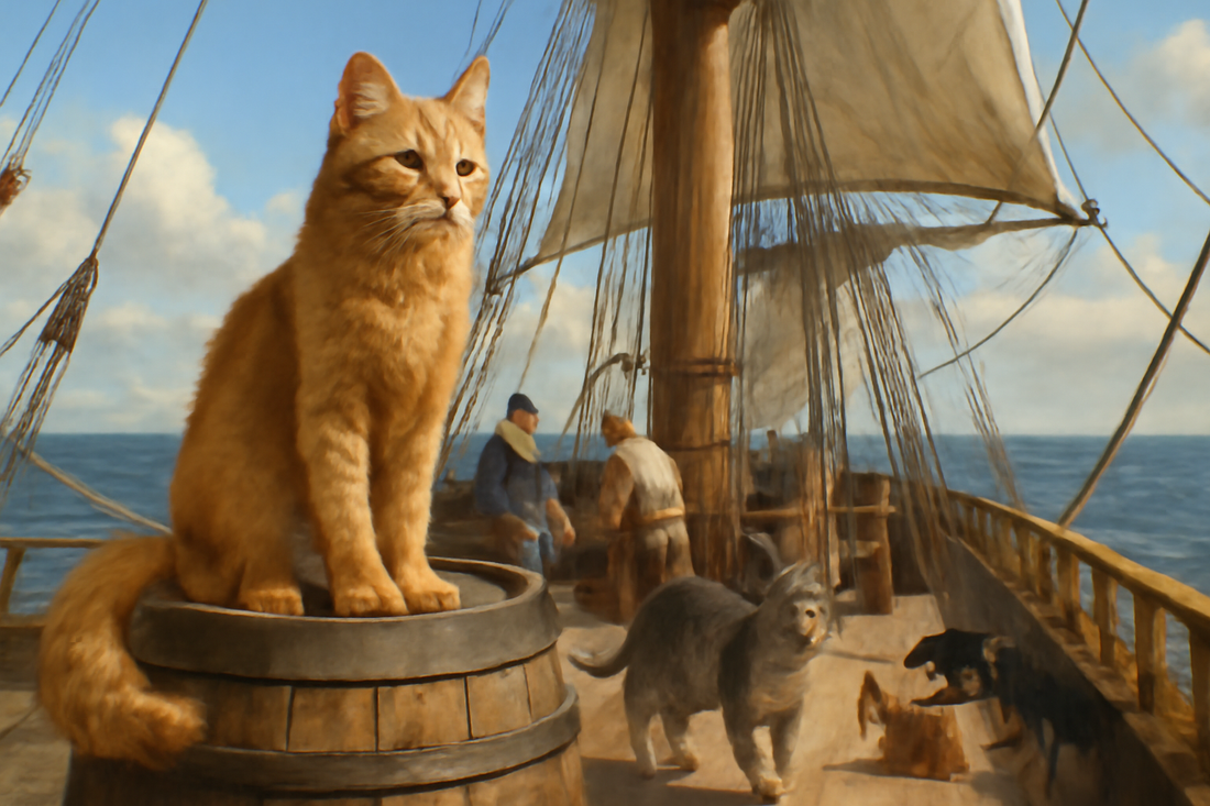 Cats aboard a wooden sailing ship with sailors during the Age of Exploration, illustrating how cats travelled to the New World, Pacha Litter.