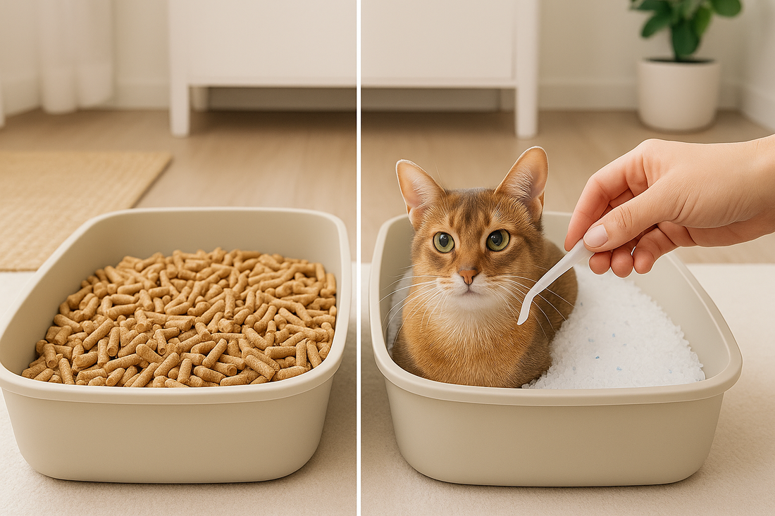 Two litter trays side by side showing pine pellets versus silica crystal litter comparison in a bright UK home, Pacha Litter.