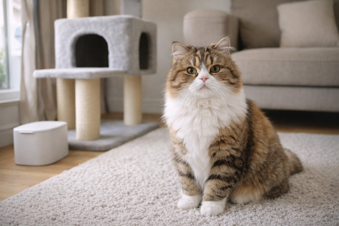 Pacha Litter guide image of a fluffy Cymric cat with a rounded body and tailless silhouette in a cosy UK home.
