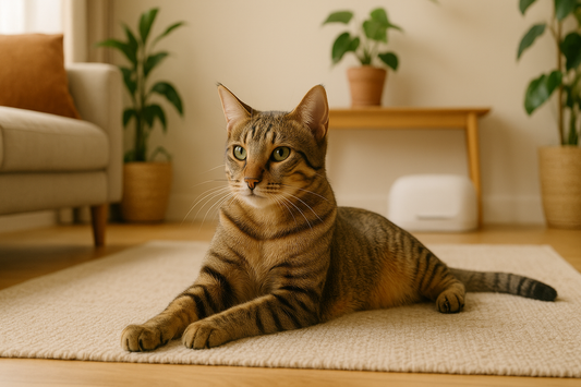 Cyprus Hybrid Cat relaxing in a UK living room with a Pacha Litter box in the background.
