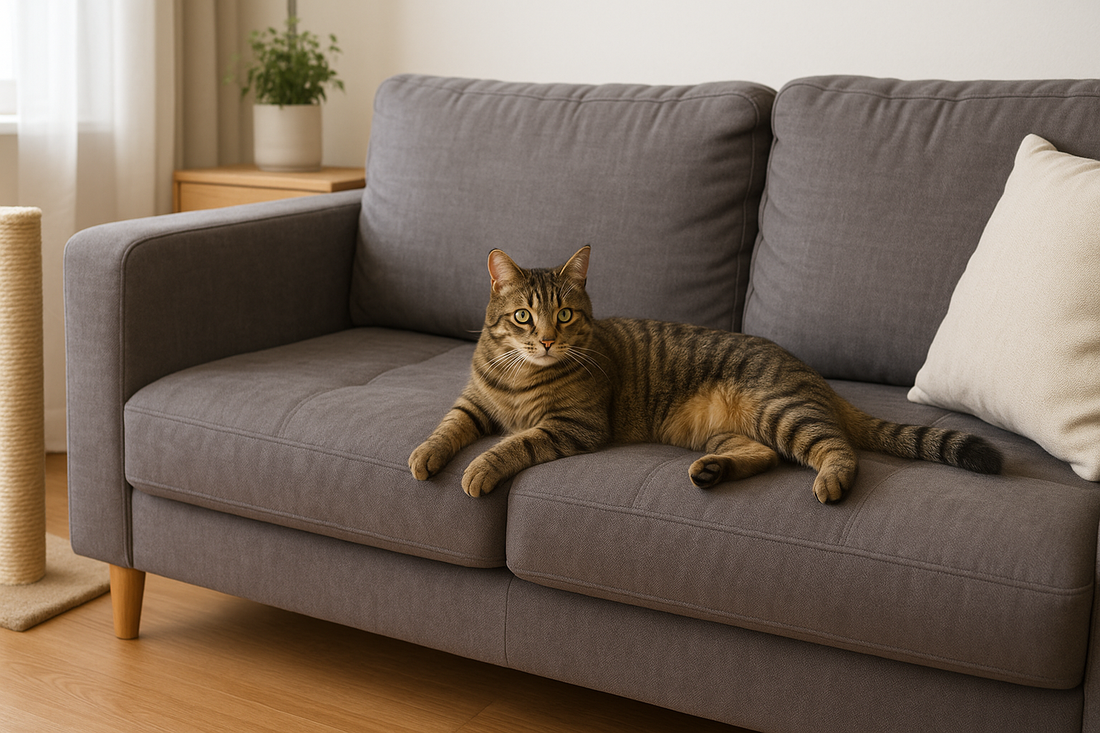 Tabby cat relaxing on a durable microfibre sofa designed to be cat-friendly, Pacha Litter.