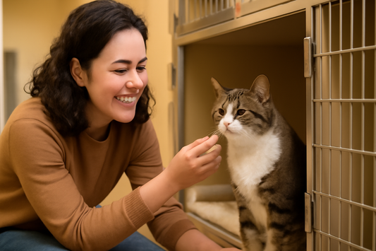 Persoon ontmoet een adoptiekat in het asiel terwijl Pacha™ kattenbakvulling zorgt voor een frisse, hygiënische omgeving