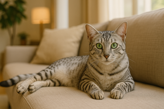 Egyptian Mau cat with silver spotted coat and green eyes relaxing on a sofa at home, Pacha Litter.