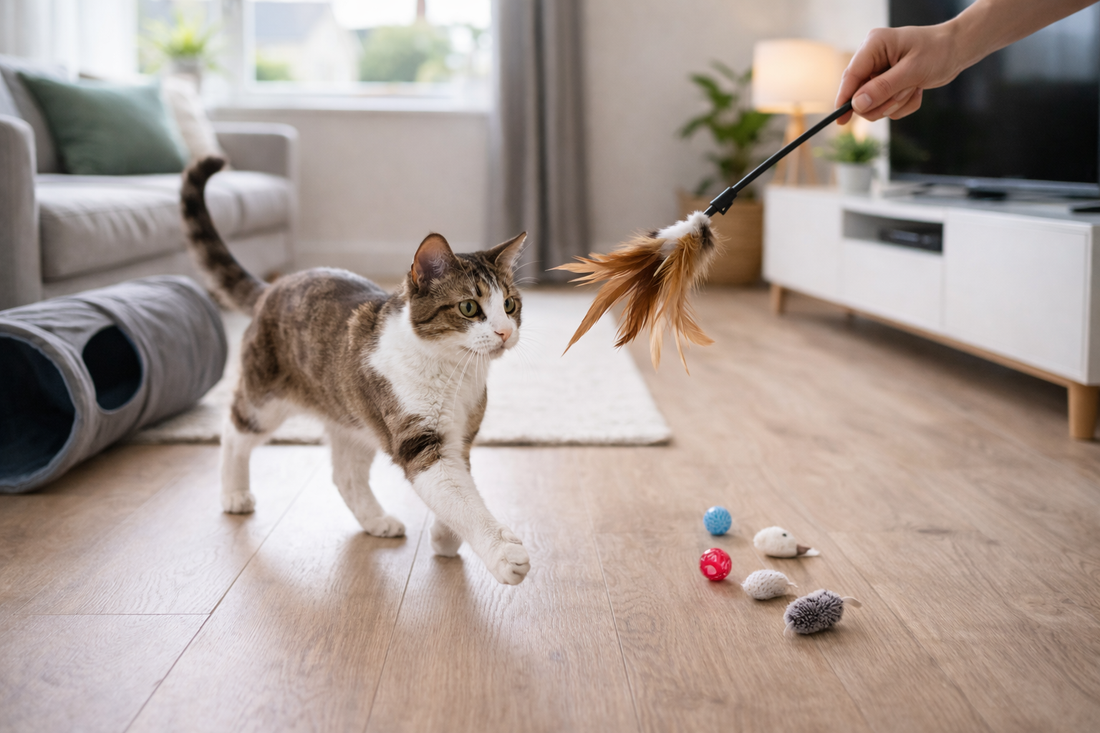 Cat playing with enrichment toys in a modern home – Pacha Litter