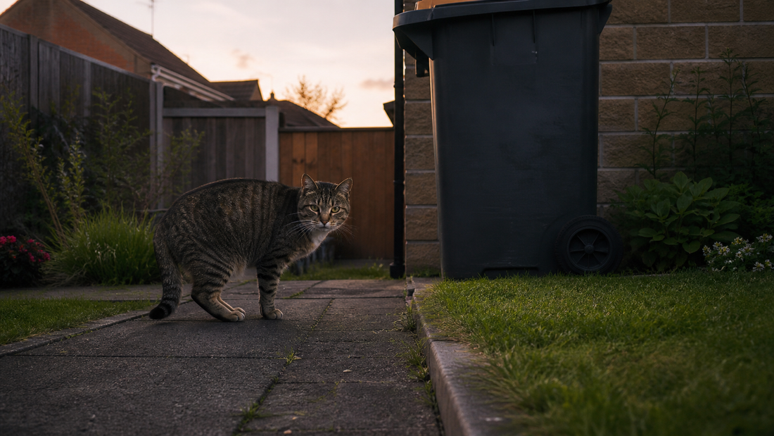 Wary feral cat in a British garden near bins showing cautious behaviour Pacha Litter