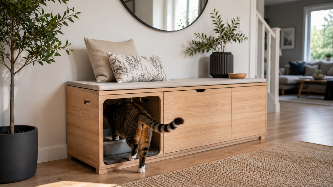 Hidden cat litter box concealed inside a stylish storage bench with Pacha Litter
