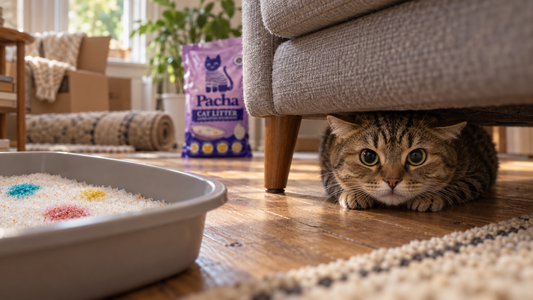 Anxious tabby cat hiding under a sofa, showing how stress affects cats at home – Pacha Litter