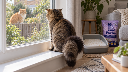 Tabby cat showing territorial behaviour at a window as a neighbour's cat sits outside – Pacha Litter