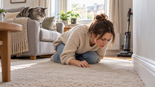 Cat owner searching for the source of a cat smell in a clean living room, illustrating how to get rid of cat smell in house with Pacha Litter