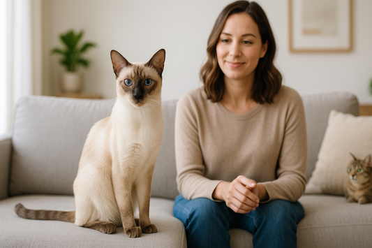 Elegant Javanese cat with cream coat and coloured points sitting gracefully indoors, Pacha Litter.