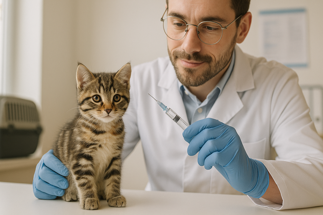 Kitten receiving a gentle vaccination check-up at the vet to stay healthy with Pacha Litter.