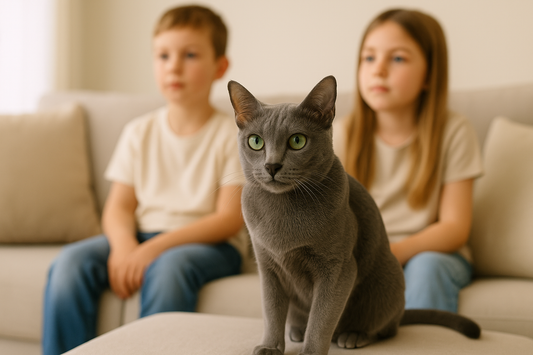 Elegant Korat cat with silver-blue coat and bright green eyes sitting gracefully at home, Pacha Litter.
