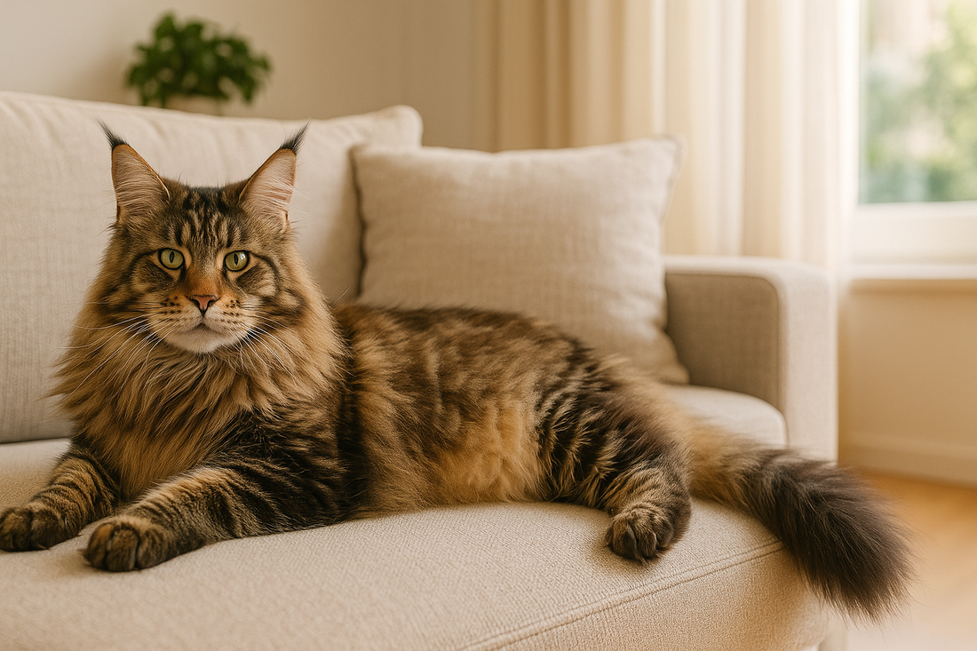 Large Maine Coon cat relaxing on a sofa, showing the size and elegance of big cats with Pacha Litter.