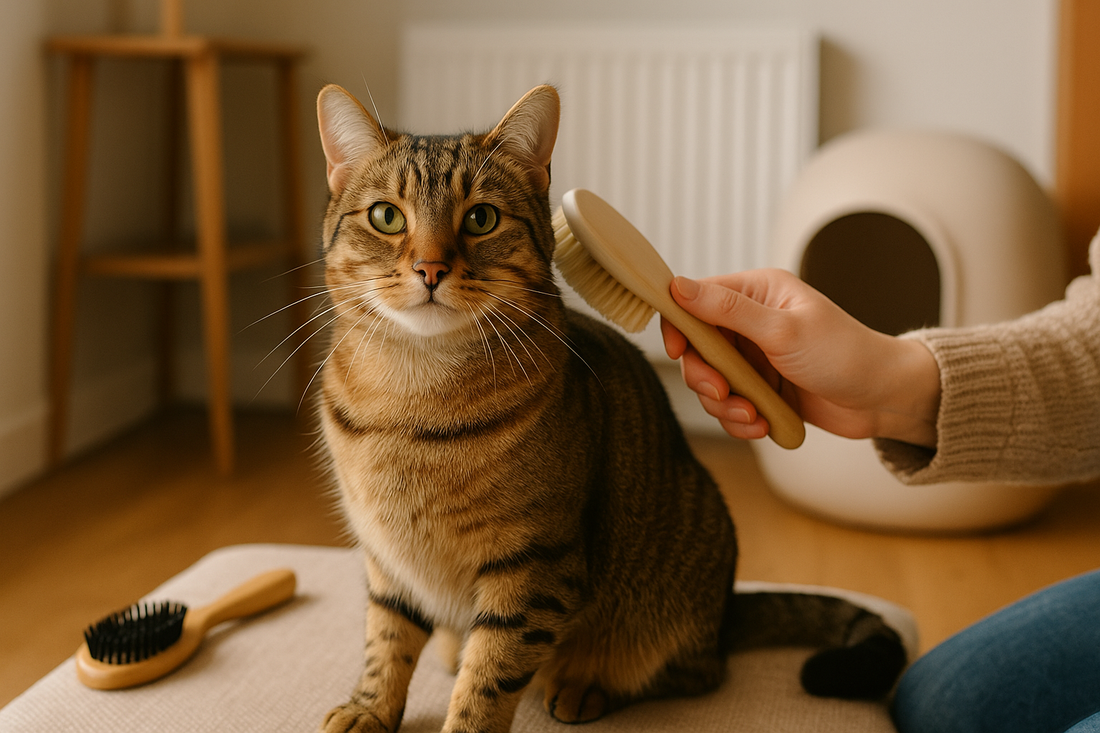 Mackerel tabby cat relaxing in a UK living room with a clean Pacha Litter box in the background.
