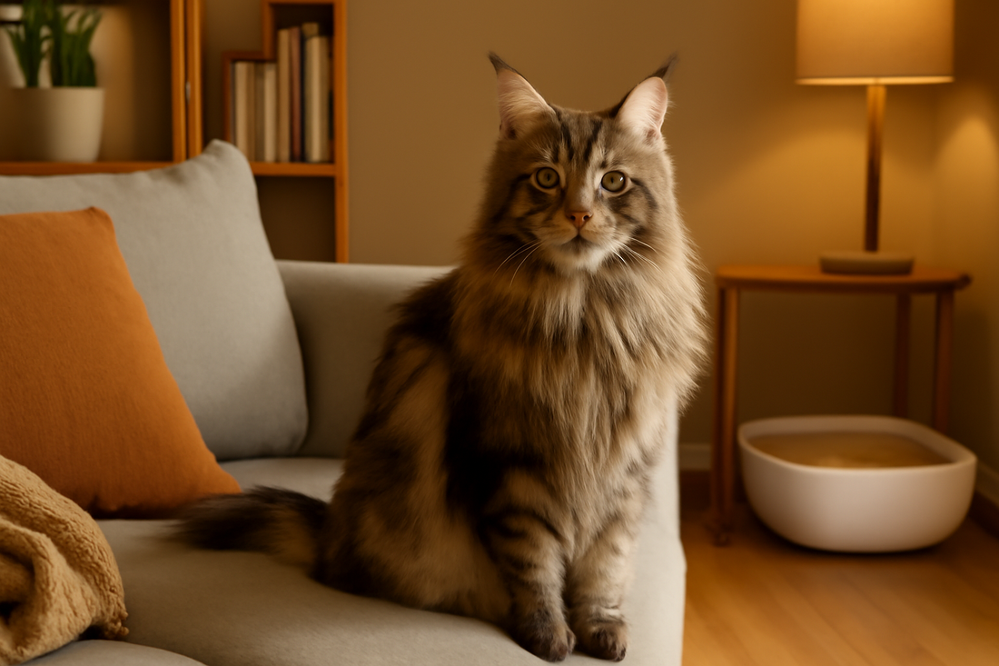 Majestic Maine Coon cat sitting in a cosy UK living room with a clean Pacha Litter box in the background.