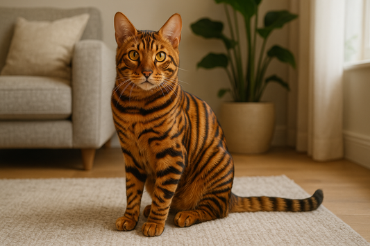 Majestic Toyger cat with orange and black tiger-like stripes sitting confidently in a bright UK living room, Pacha Litter.