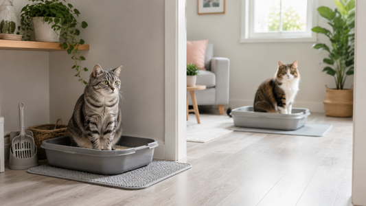 Two cats using separate clean litter trays with Pacha Litter to reduce territorial stress