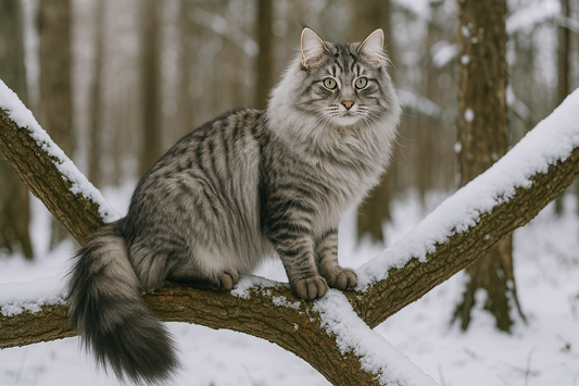 Majestic Norwegian Forest Cat with silver tabby coat and bushy tail sitting on a tree branch in a snowy forest, Pacha Litter.
