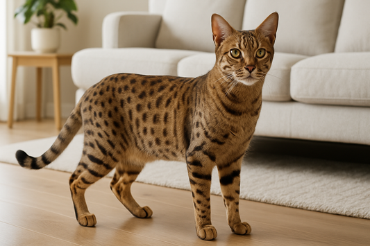 Ocicat cat with a distinctive spotted coat standing proudly in a bright home, Pacha Litter.