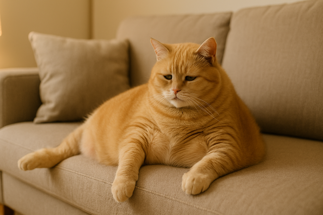 Overweight domestic cat lying on a sofa, showing the health risks of obesity, Pacha Litter. 