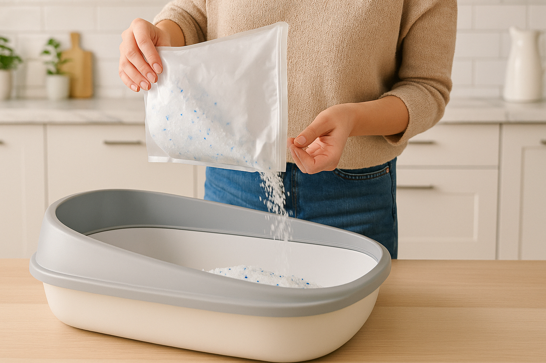 Cat owner pouring fresh silica-based Pacha Litter into a clean modern tray in a bright home.