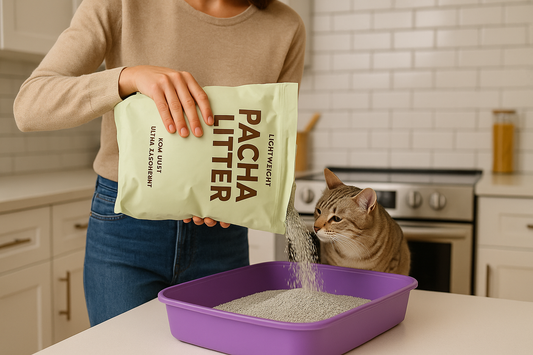 Cat owner pouring lightweight Pacha Litter into a clean tray, showing convenience and hygiene at home.
