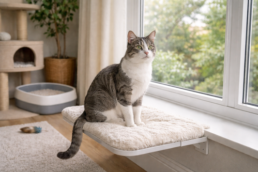 Pacha Litter image of a Brazilian Shorthair cat on a window perch in a UK home, showing an agile and curious indoor companion