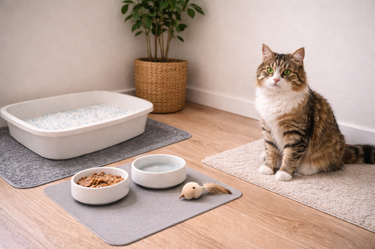 Pacha Litter new cat owner starter setup in a UK home with bed, bowls, toy and a clean litter tray for day-one care essentials.