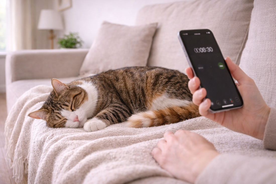 Pacha Litter – owner gently monitoring a sleeping cat’s resting breathing in a calm UK living room