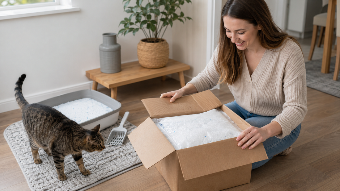 Pacha Litter cat litter satisfaction guarantee and free delivery shown with a happy owner and cat in a British home
