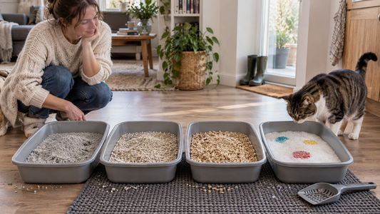 Pacha Litter cat litter test comparing clay, mineral, plant-based and silica litter types in a British home