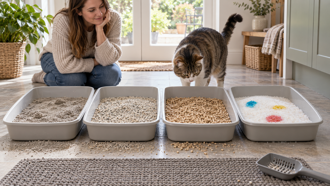 Pacha Litter cat litter test UK 2026 comparing clay, mineral, plant-based and silica litter in a British home