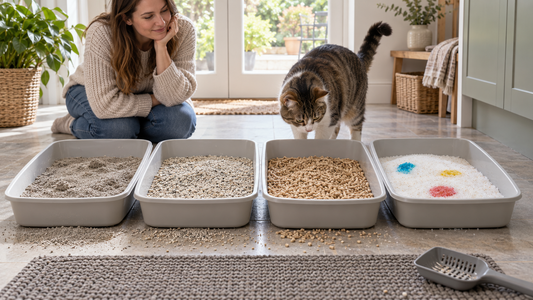 Pacha Litter cat litter test UK 2026 comparing clay, mineral, plant-based and silica litter in a British home