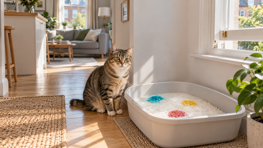 Pacha Litter silica crystal litter tray in a small UK flat, showing a cat litter that doesn’t smell near the living room