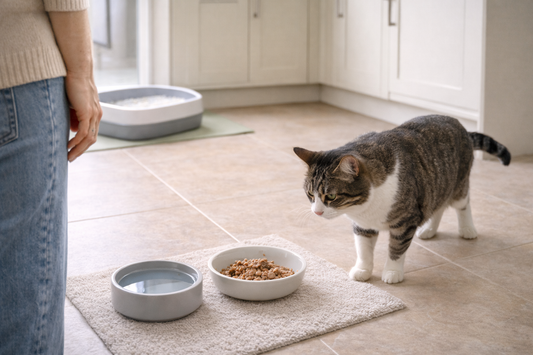 Pacha Litter image of a cat sniffing food but not eating in a UK home, highlighting early appetite-loss warning signs