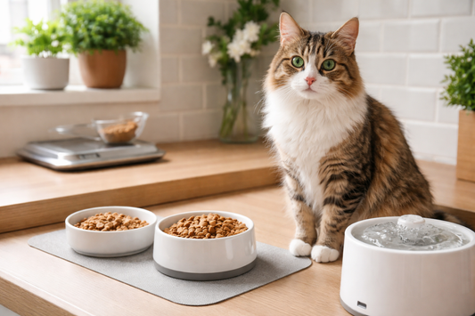 Pacha Litter image of a balanced cat feeding station in a UK home with wet food, measured kibble and a water fountain for hydration.