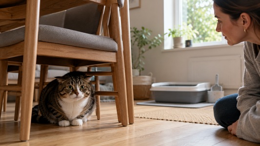 Cat showing early signs of stress in a calm home with Pacha Litter supporting a clean and reassuring environment for feline wellbeing.