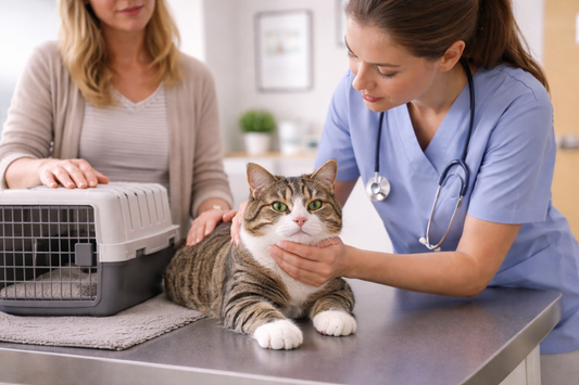 Pacha Litter image of a calm cat having a gentle vet check-up in a UK clinic after early warning signs