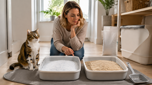 Pacha Litter guide showing how to choose between silica litter and clumping litter for cats