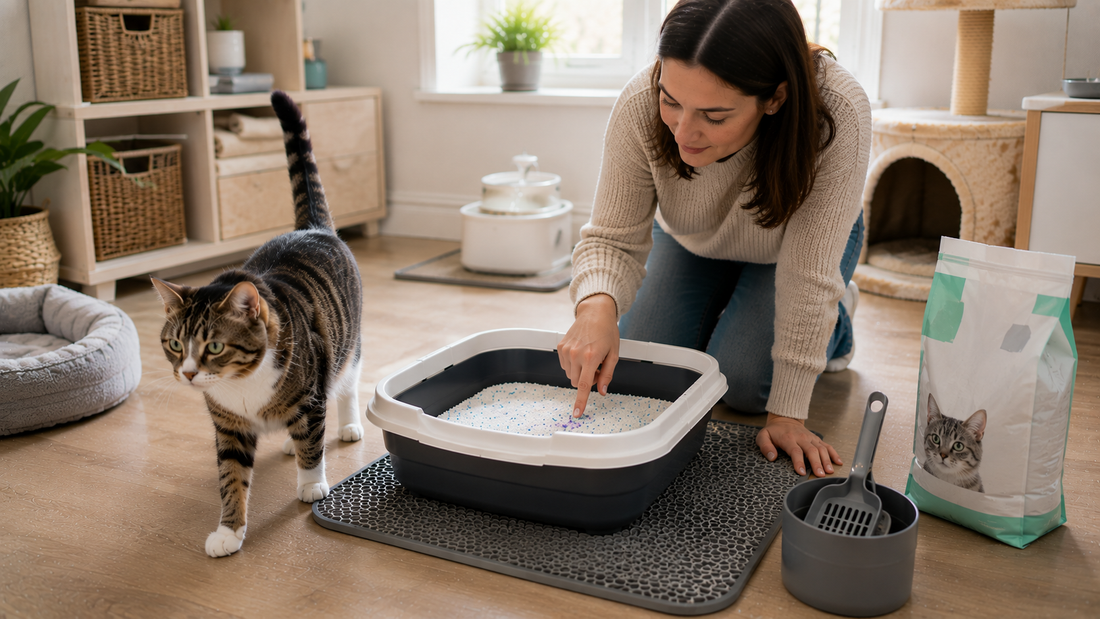 Cat owner checking colour-changing silica crystals in Pacha Litter to monitor feline urinary health at home.