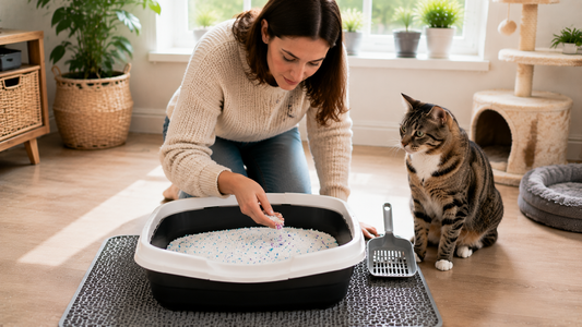 Cat owner checking colour changing silica litter from Pacha Litter to monitor feline urinary health at home.