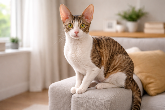 Pacha Litter Cornish Rex cat portrait in a UK living room showing large ears, slender build and the breed’s distinctive rippled coat.