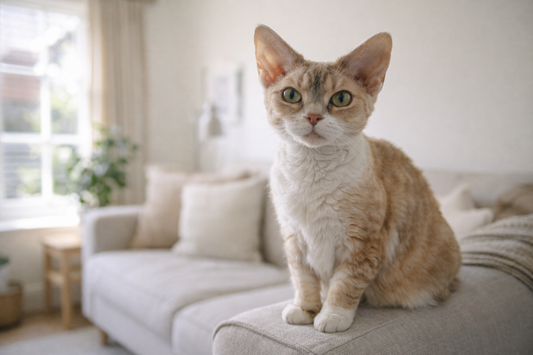 Pacha Litter Devon Rex cat portrait in a UK living room showing the breed’s distinctive ears, wavy coat and expressive face.