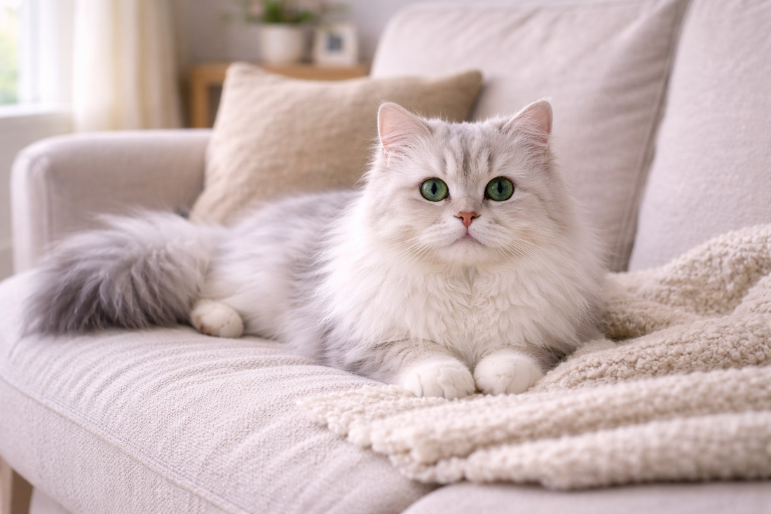 Pacha Litter image of a traditional doll-face Persian cat relaxing in a UK living room with a long, silky coat