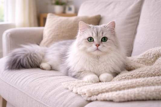 Pacha Litter image of a traditional doll-face Persian cat relaxing in a UK living room with a long, silky coat