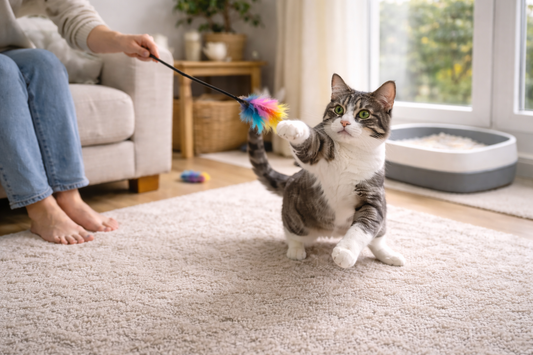 Pacha Litter image of a domestic cat playing and expressing natural hunting instincts safely indoors in a UK home