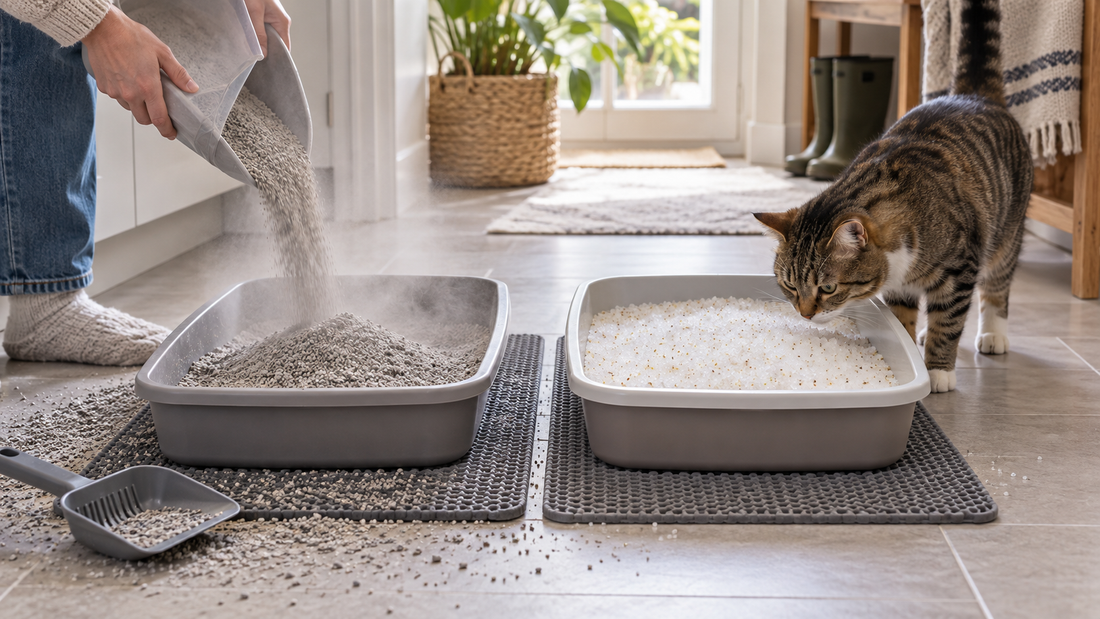 Pacha Litter dust-free cat litter compared with dusty clumping clay in a clean British home