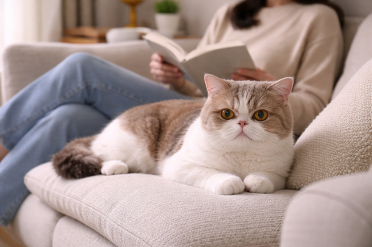 Pacha Litter Exotic Shorthair resting calmly on a sofa in a tidy UK living room