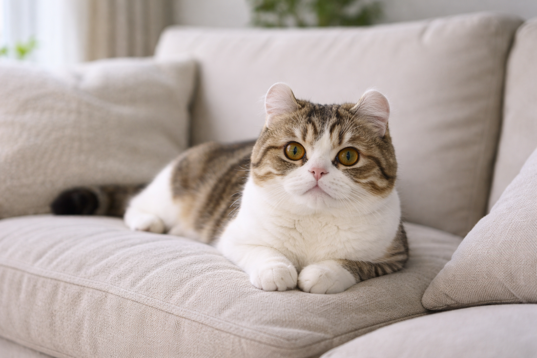 Pacha Litter Exotic Shorthair cat relaxing calmly on a sofa in a tidy UK home